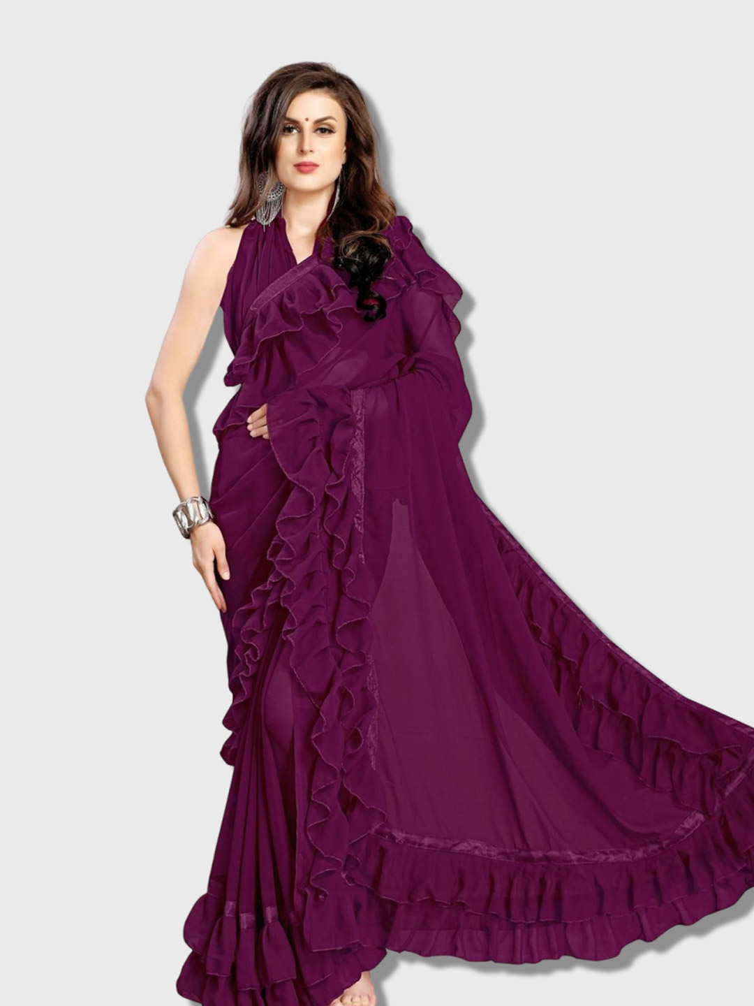 Dark Purple Ruffle Saree With V Neck Blouse Design