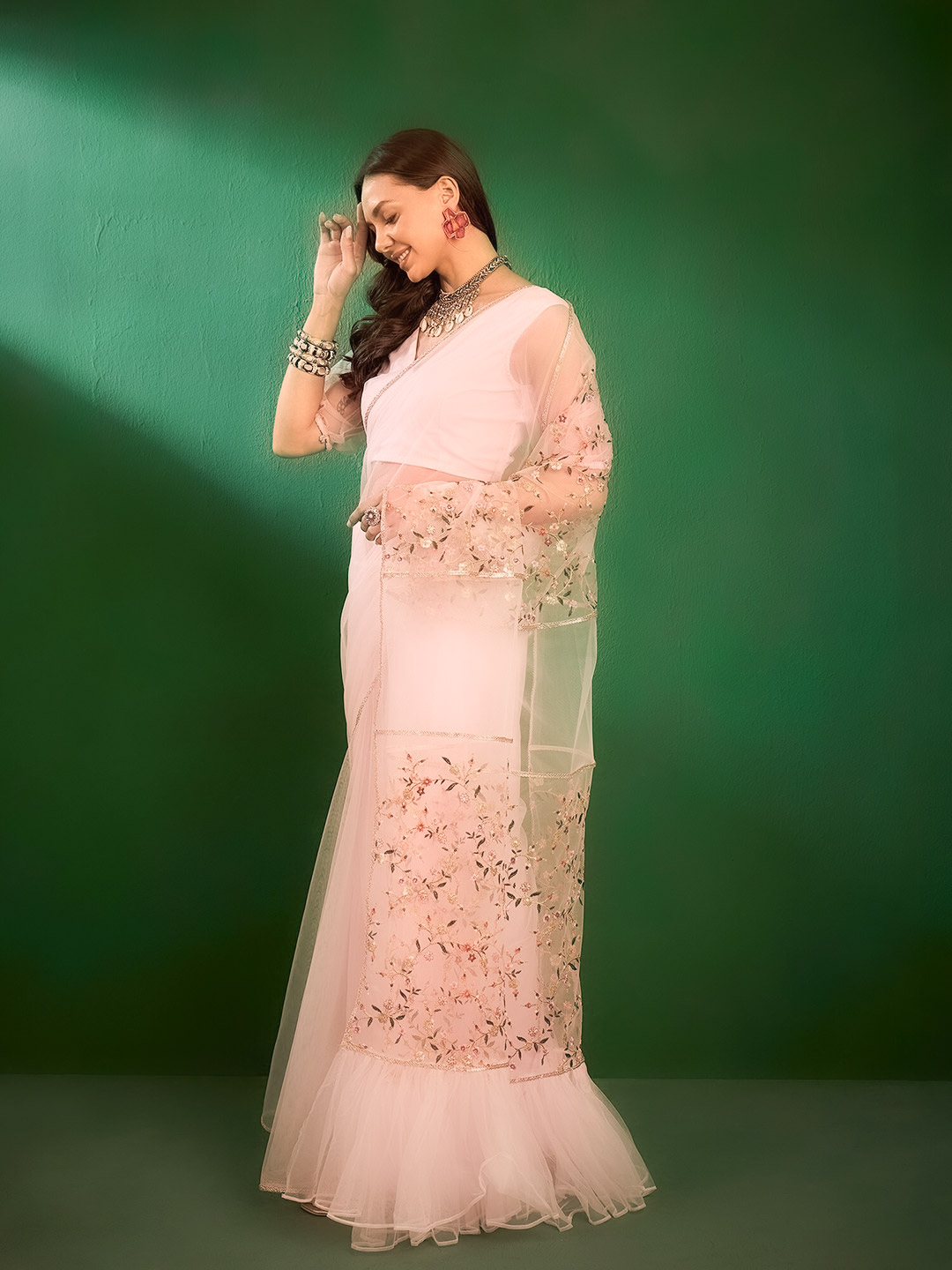 Floral Ruffle Saree With V Neck Blouse Design