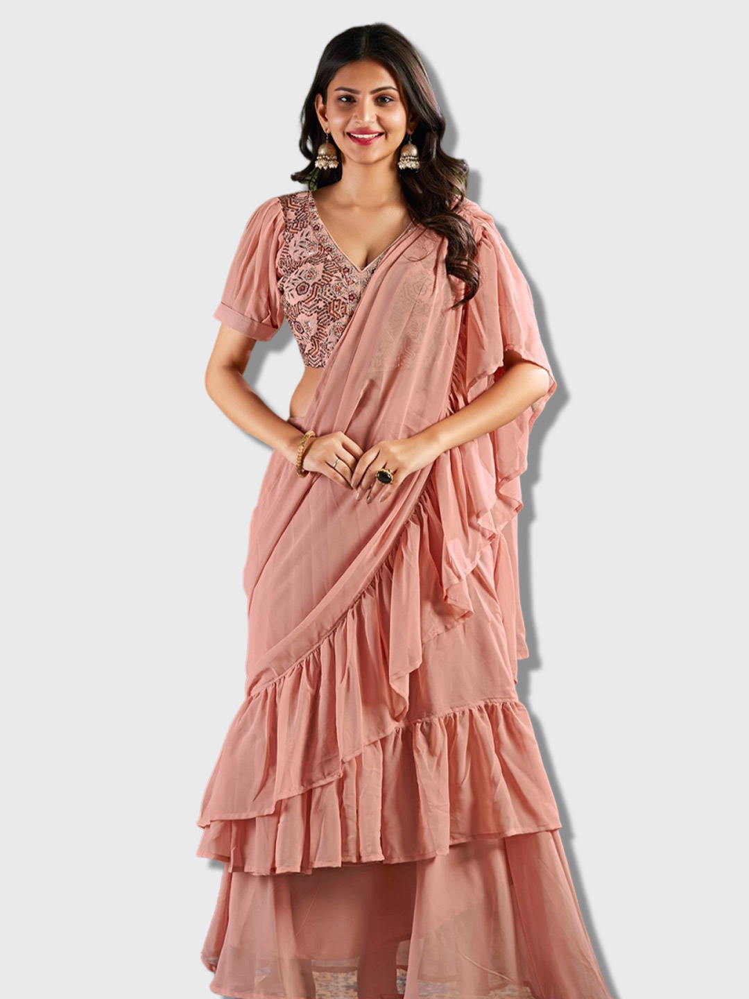 Pure Georgette Ruffle Saree With V Neck Blouse Design