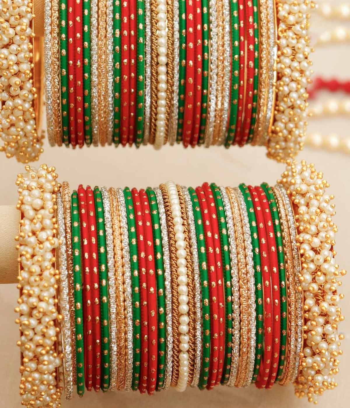 Red And Green Bangles With White And Golden Stone-studded Kangan