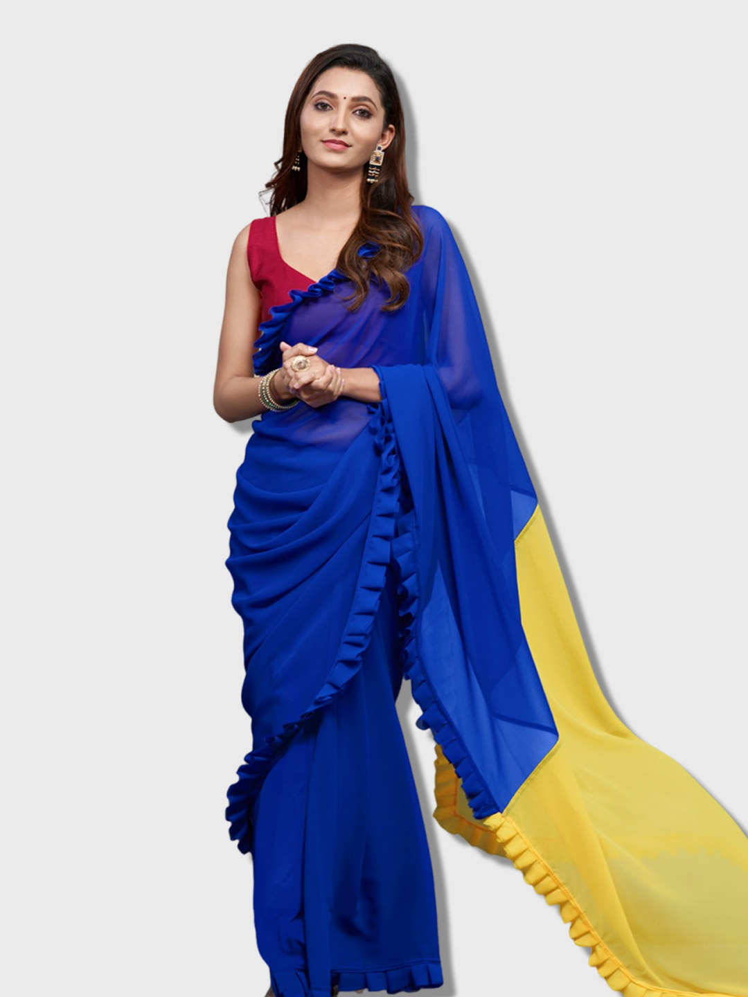 Two In One Ruffle Saree With V Neck Blouse Design