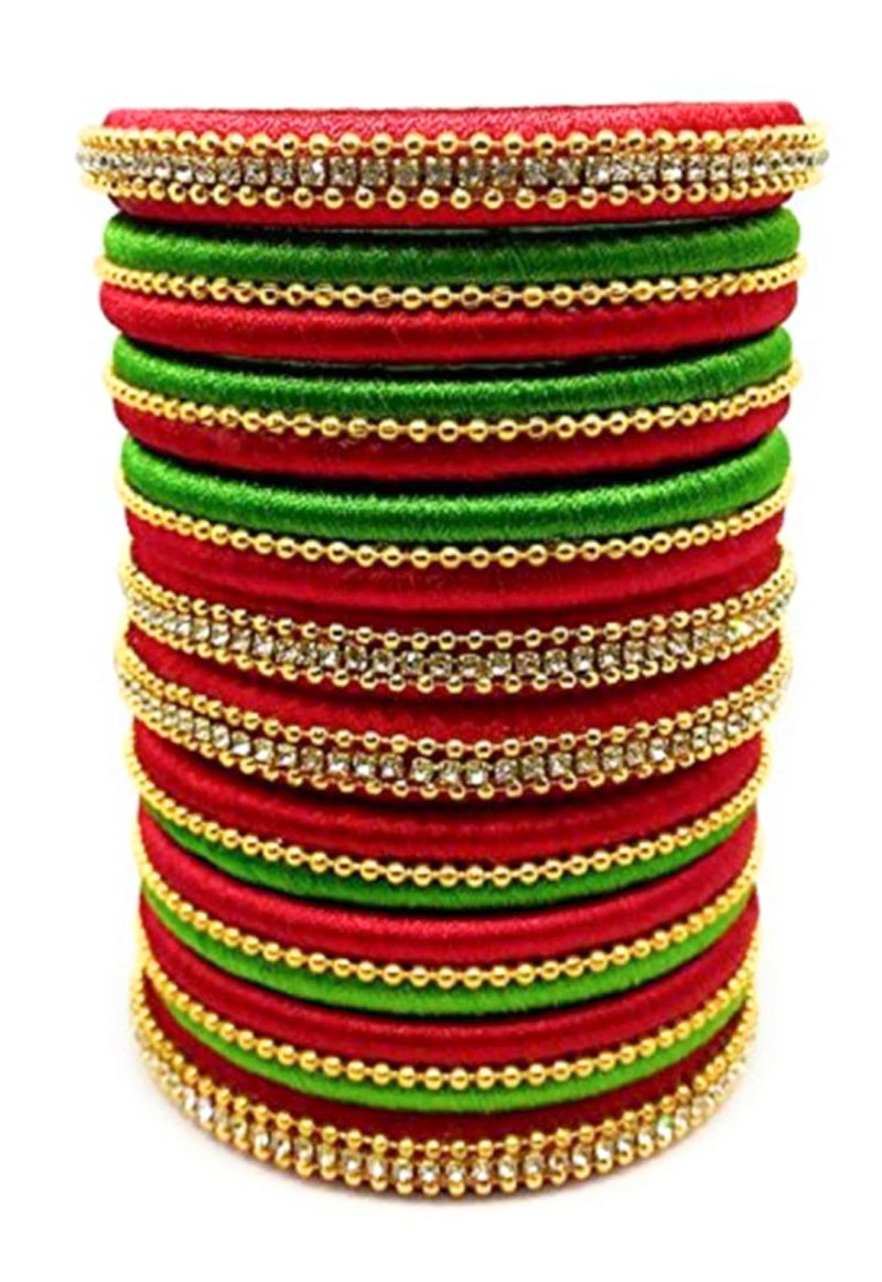 Red And Parrot-Green Bangle Set With Threadwork