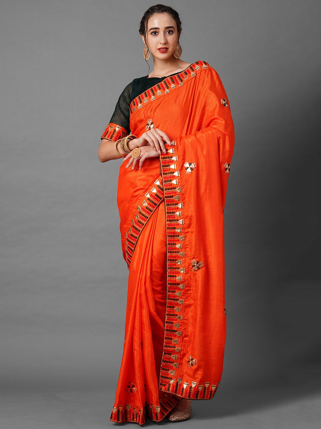 Embroidered Plain Orange Saree With Heavy Blouse Design