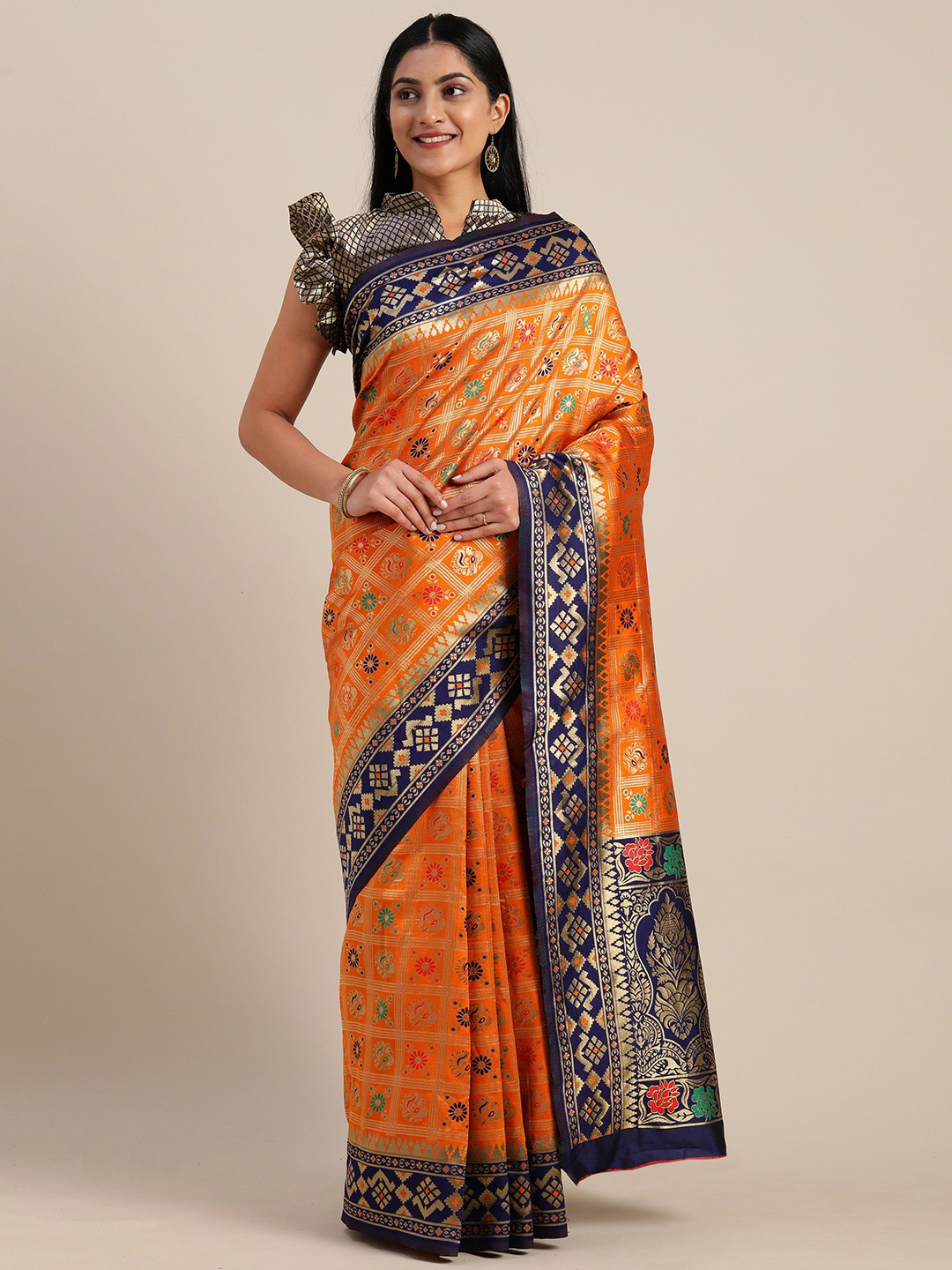 Kanjeevaram Plain Orange Saree With Heavy Blouse Design