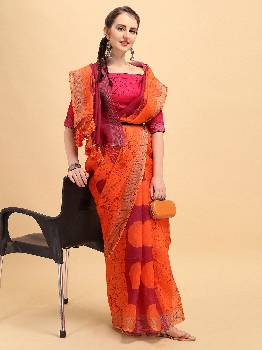 Linen Plain Orange Saree With Heavy Blouse Design