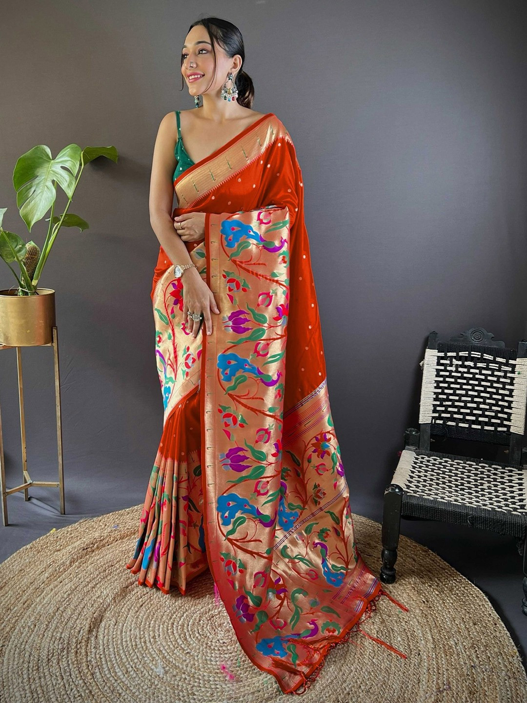 Paithani Plain Orange Saree With Heavy Blouse Design