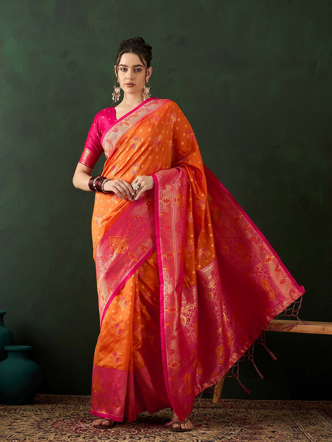 Silk Plain Orange Saree With Heavy Blouse Design