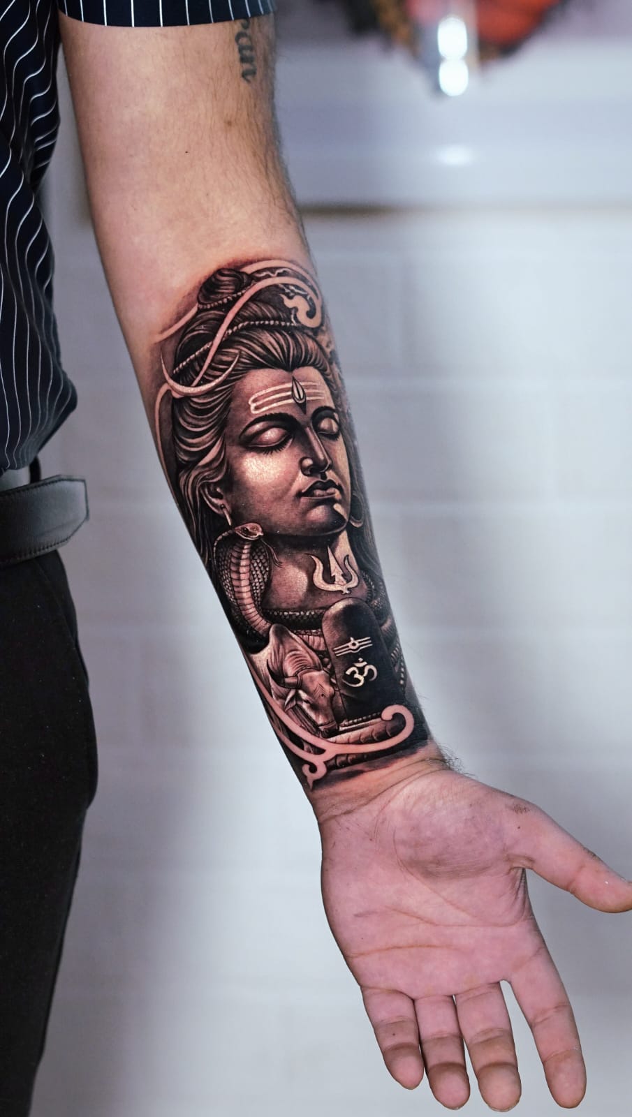 Shaded Tattoo Design With Lord Shiva, Nandi, And Shivling