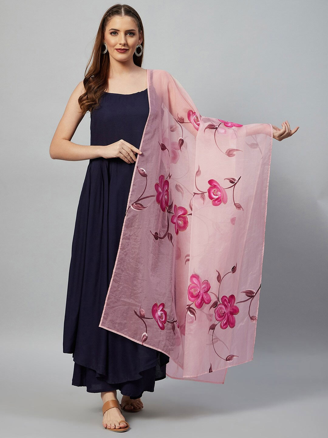Floral Organza Pink Colour Dupatta Design
