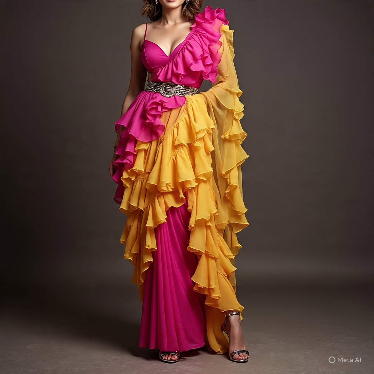 Ruffle Saree With Chain-Link Belt