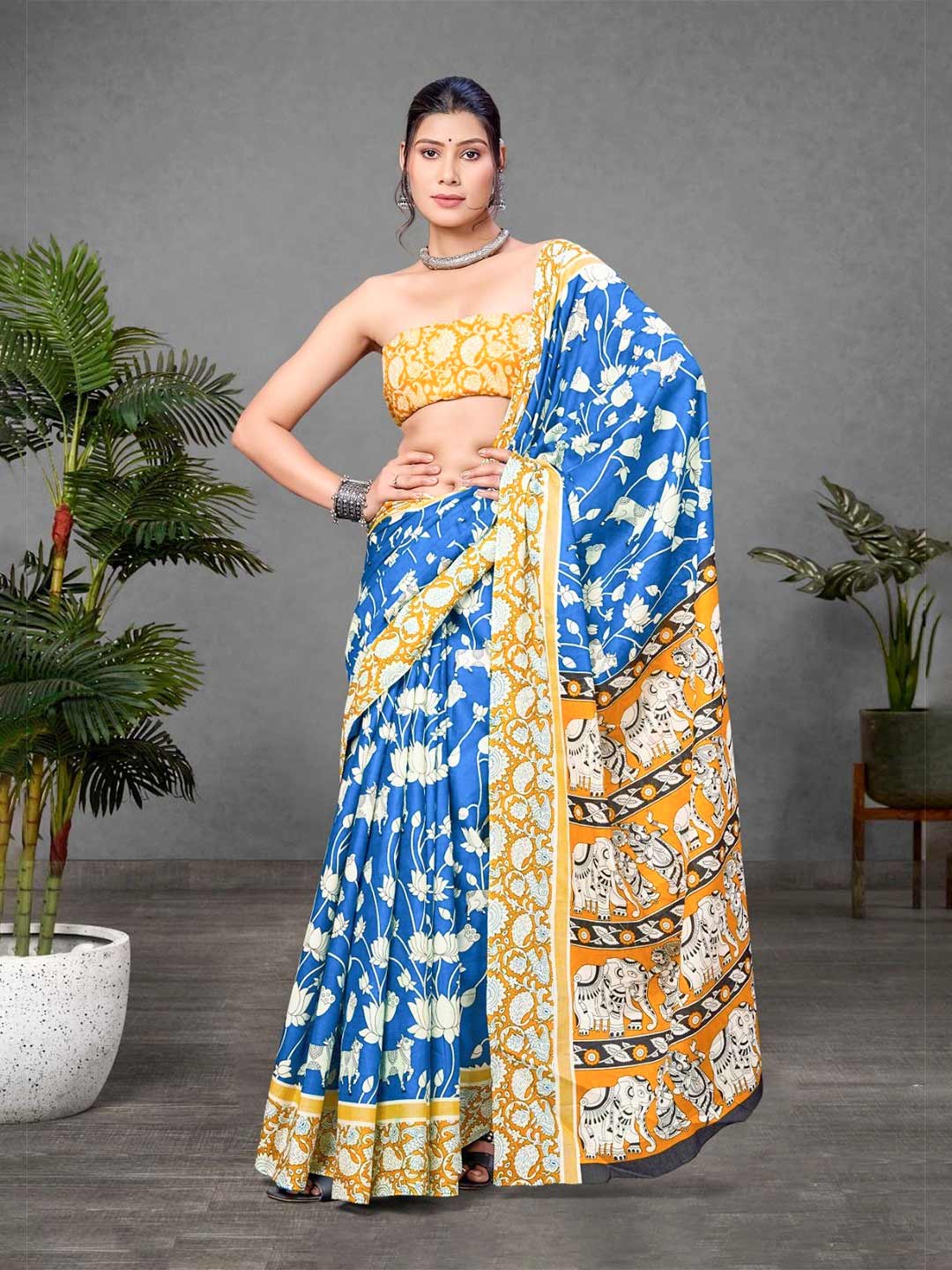 Bagru Kalamkari Cotton Saree With Contrast Blouse