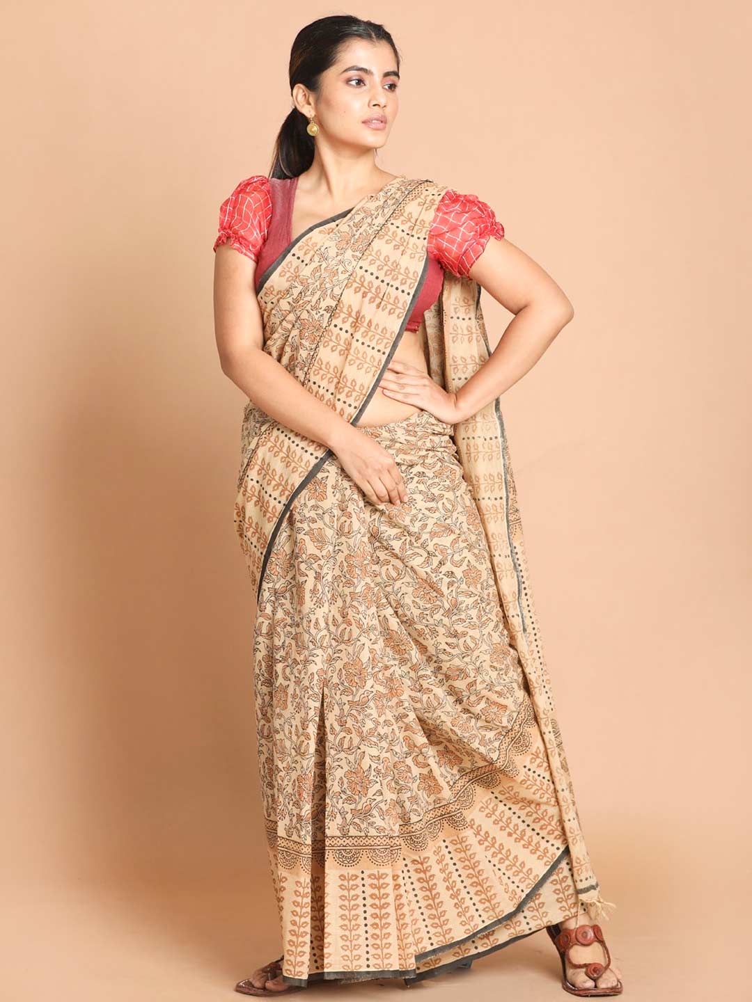 Beige Kalamkari Cotton Saree With Contrast Blouse