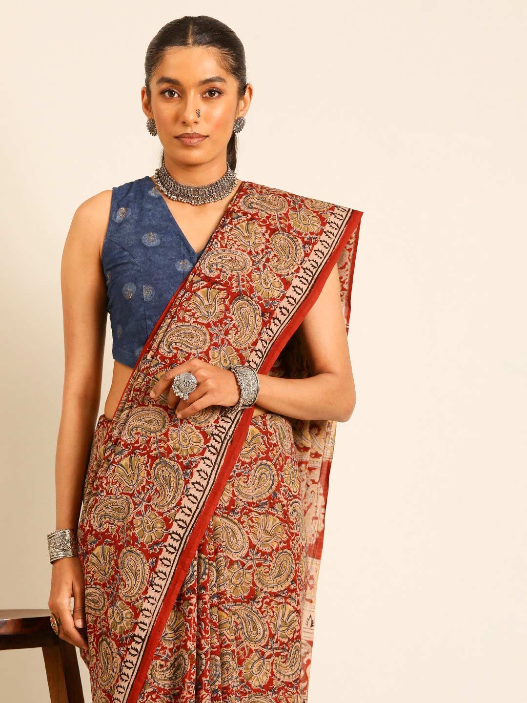 Handloom Kalamkari Cotton Saree With Contrast Blouse
