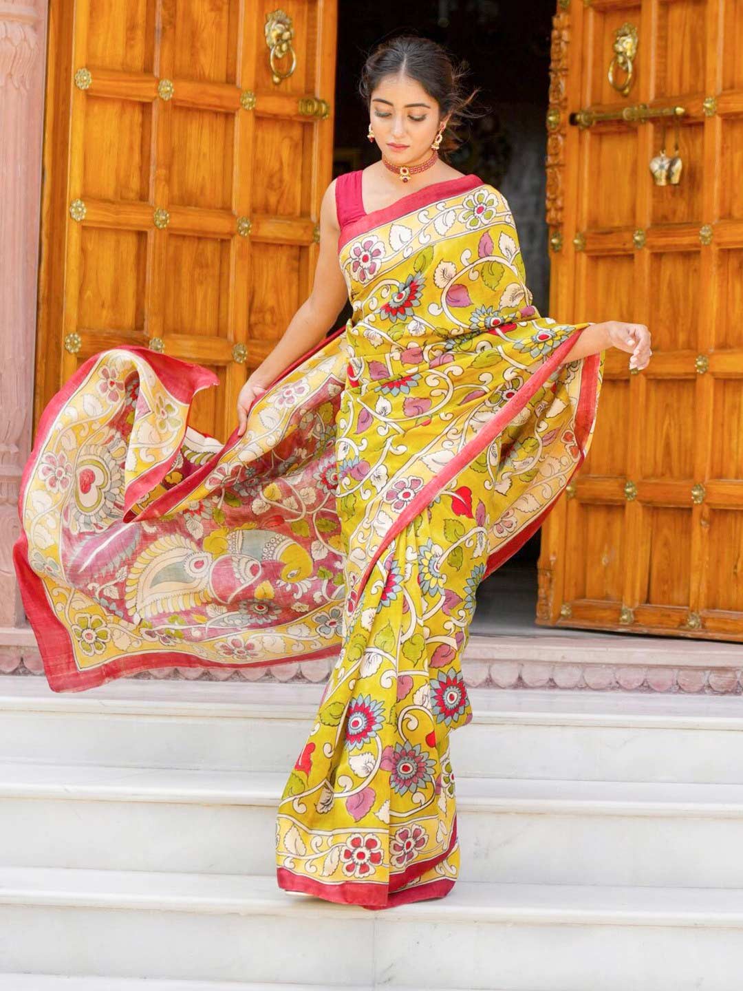 Printed Kalamkari Cotton Saree With Contrast Blouse