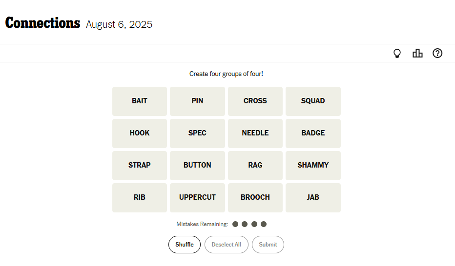 NYT Connections Today For August 6, 2025 Word List