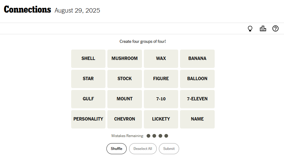 NYT Connections Word List For August 29, 2025