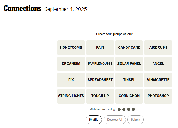 NYT Connections Word List For September 4, 2025