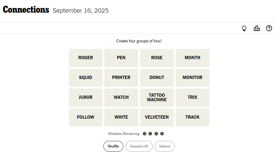 NYT Connections For September 16, 2025 Word List