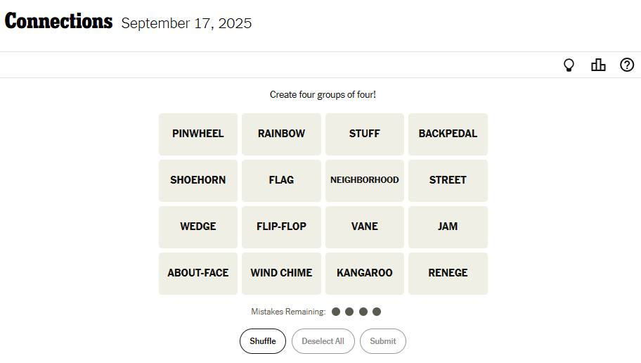 NYT Connections For September 17, 2025 Word List
