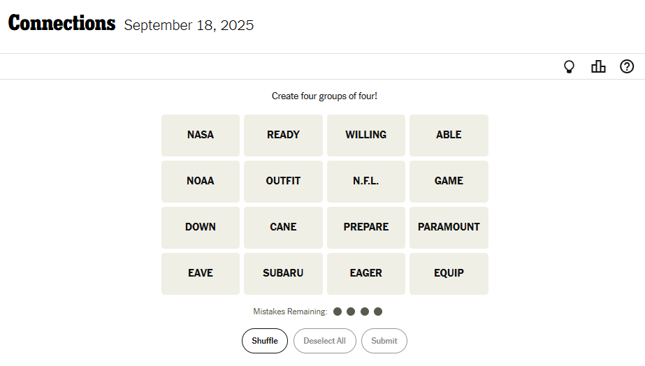 NYT Connections For September 18, 2025 Word List