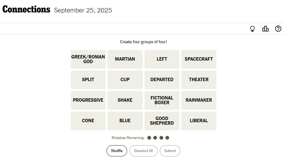 NYT Connections For September 25, 2025 Word List