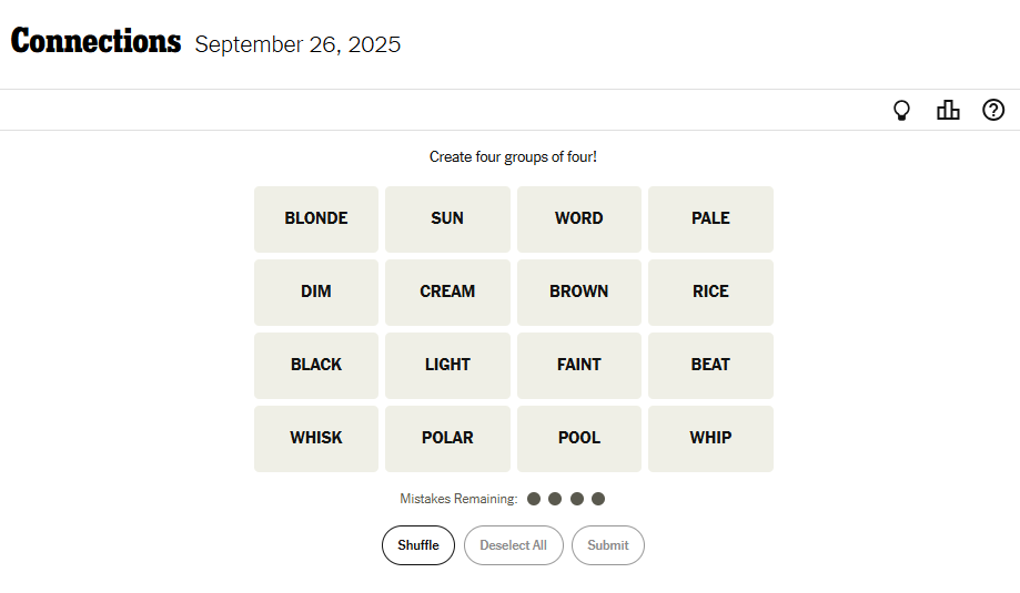 NYT Connections For September 26, 2025 Word List
