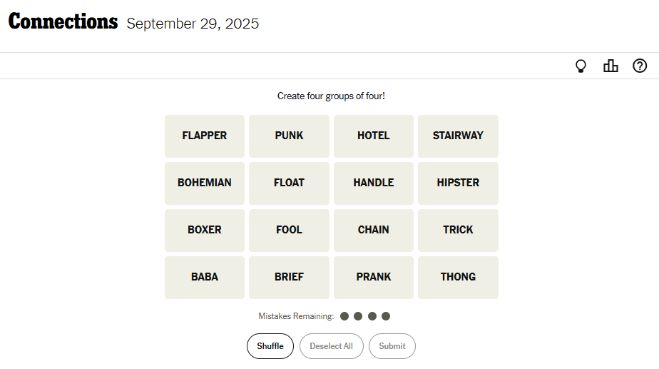 NYT Connections For September 29, 2025 Word List