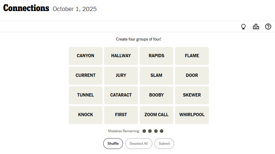 NYT Connections For October 1, 2025 Word List