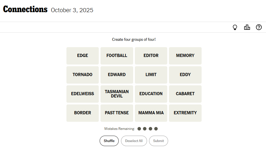NYT Connections For October 3, 2025 Word List