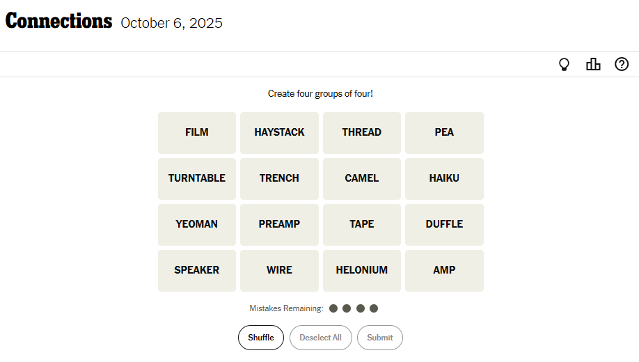 NYT Connections For October 6, 2025 Word List