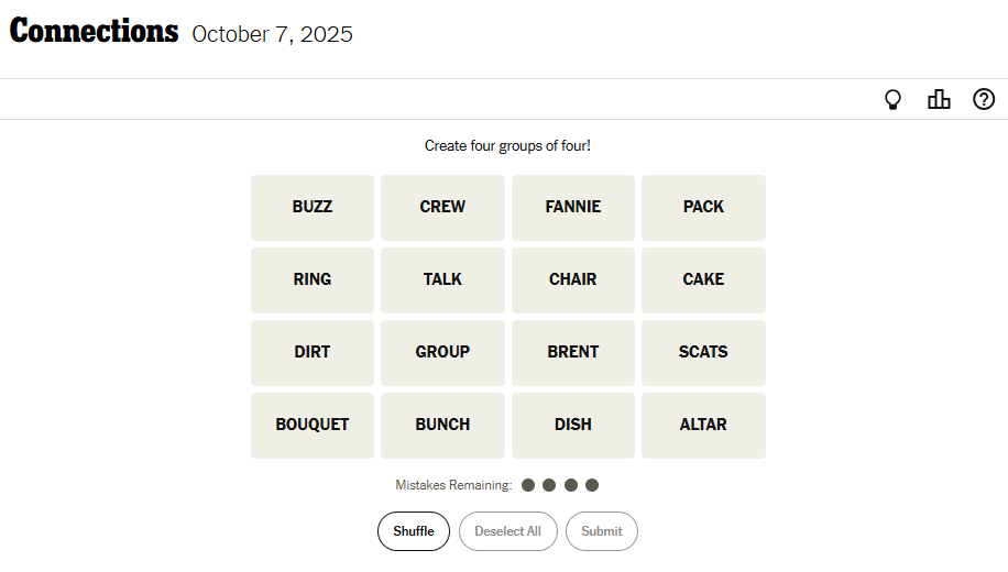 NYT Connections For October 7, 2025 Word List