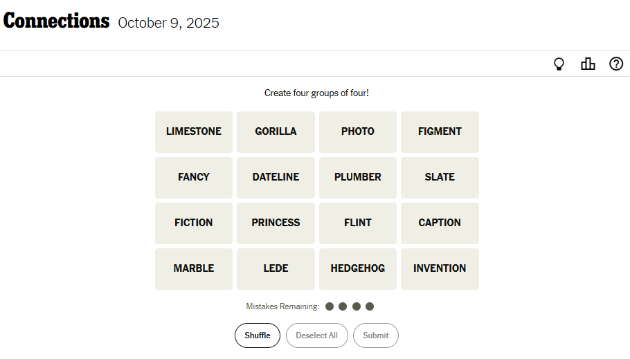 Today's NYT Connections For October 9, 2025 Word List