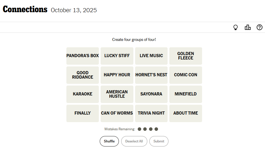 NYT Connections For October 13, 2025 Word List