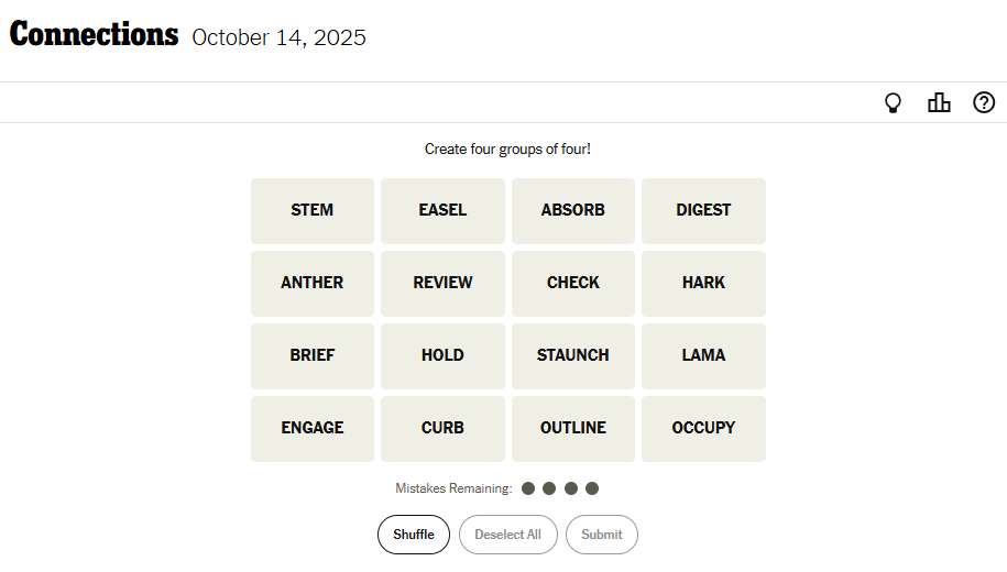 NYT Connections For October 14, 2025 Word List