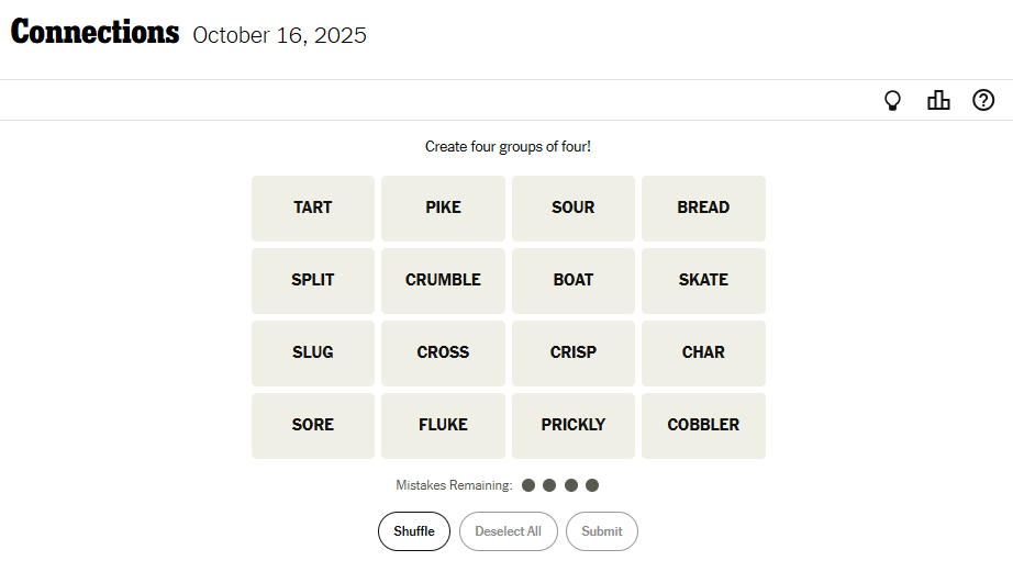 Today's NYT Connections For October 16, 2025 Word List