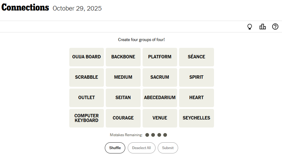 NYT Connections For October 29, 2025 Word List