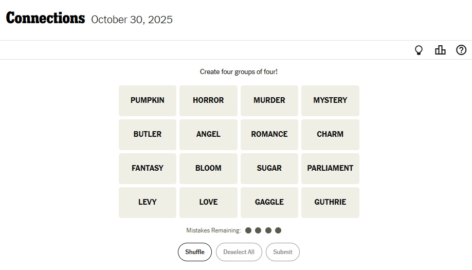 Today's NYT Connections For October 30, 2025 Word List