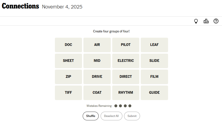 NYT Connections For November 4, 2025 Word List