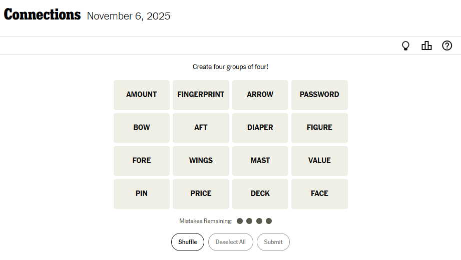 NYT Connections For November 6, 2025 Word List