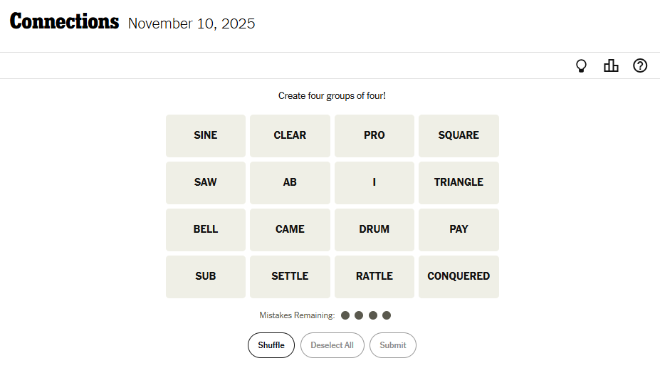 NYT Connections For November 10, 2025 Word List