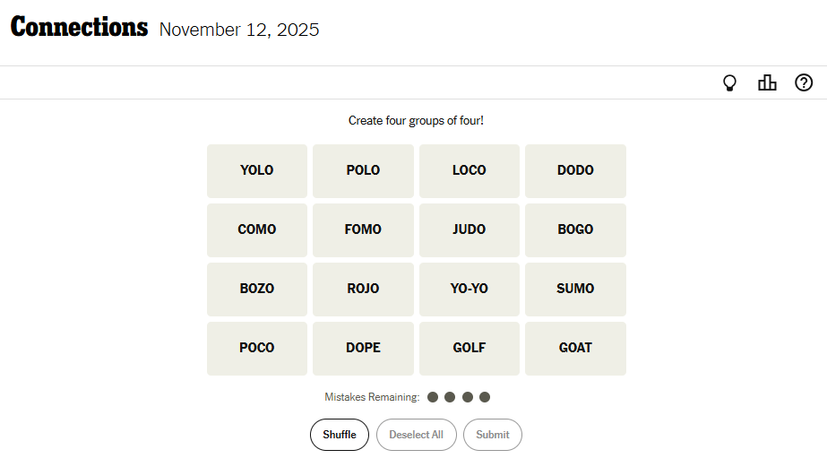 NYT Connections For November 12, 2025 Word List