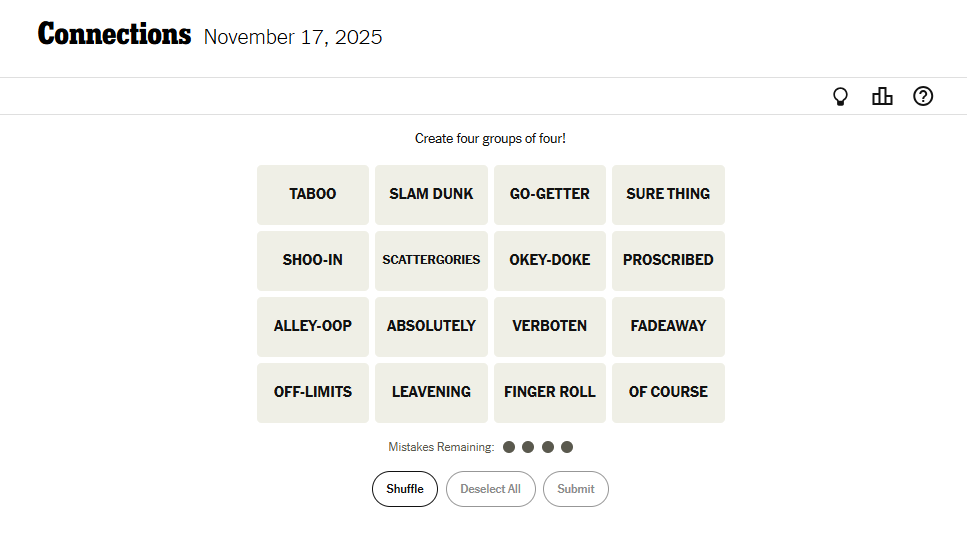 Today's NYT Connections For November 17, 2025, Word List
