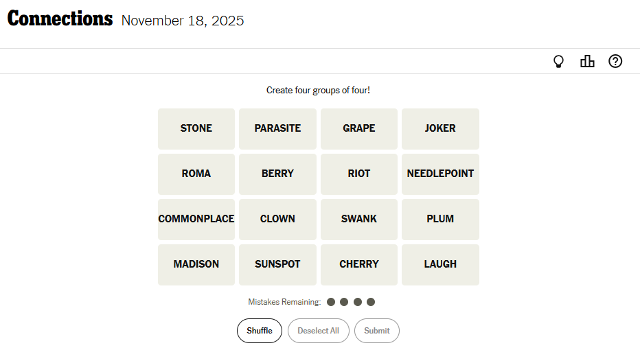 NYT Connections For November 18, 2025, Word List