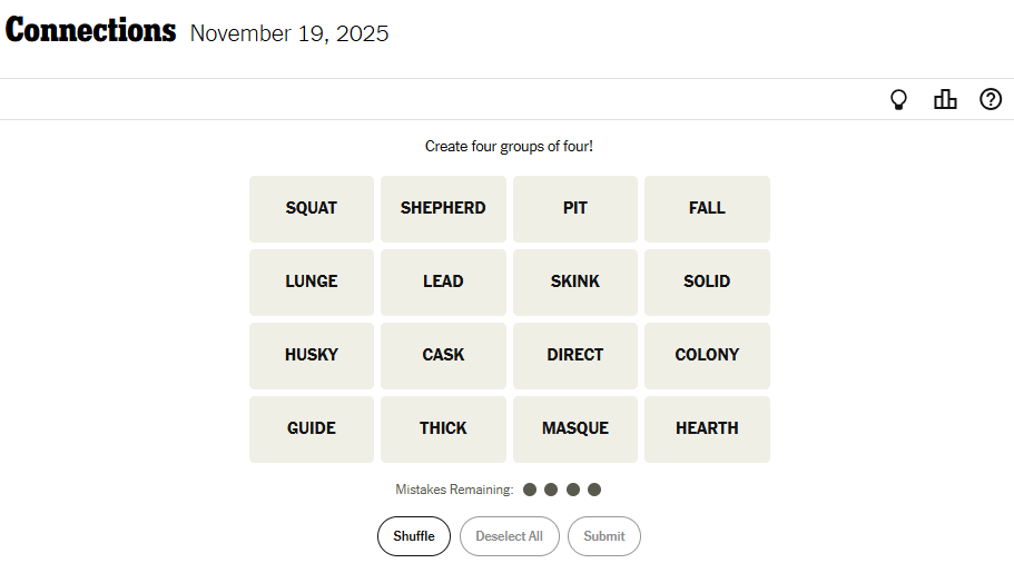 Today's NYT Connections For November 19, 2025, Word List