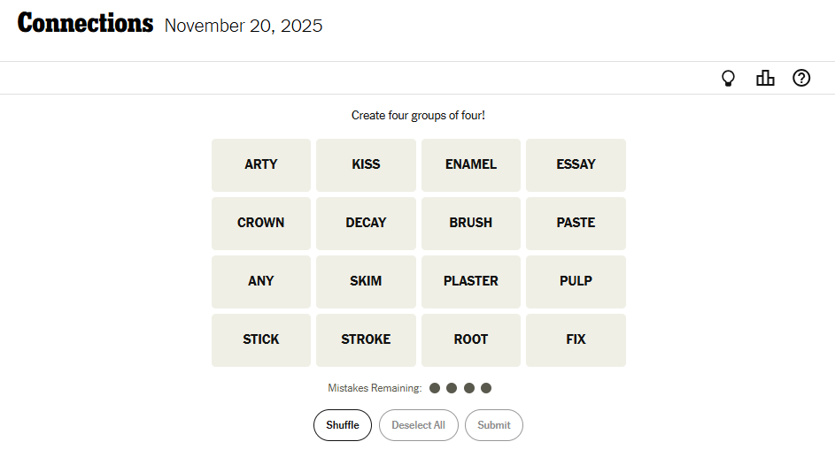 Today's NYT Connections For November 20, 2025, Word List
