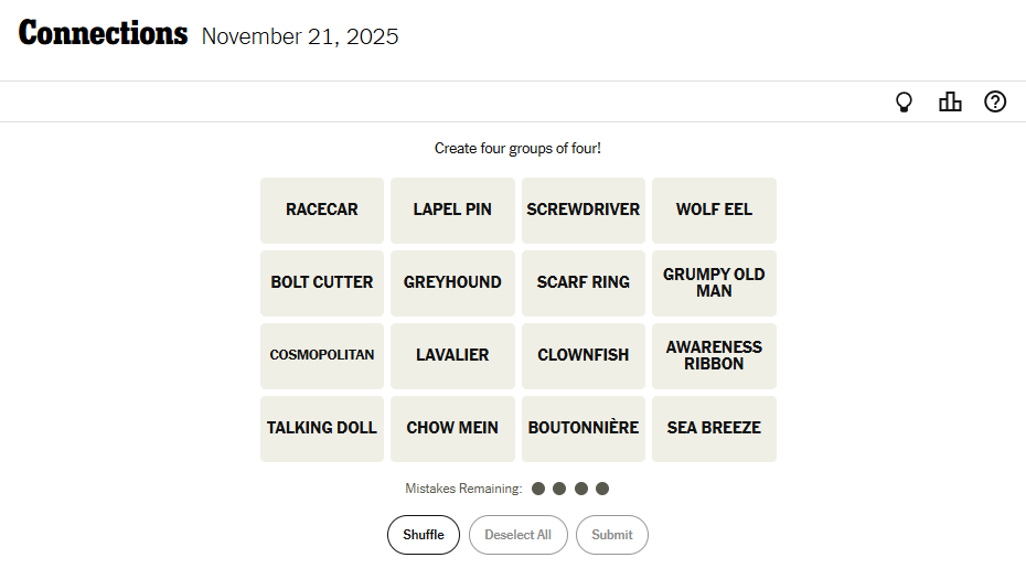 Today's NYT Connections For November 21, 2025, Word List