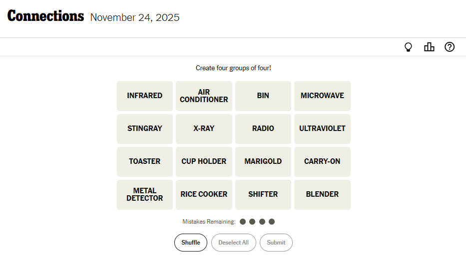 Today's NYT Connections For November 24, 2025, Word List