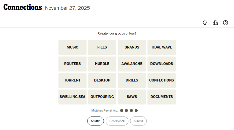 Today's NYT Connections For November 27, 2025, Word List