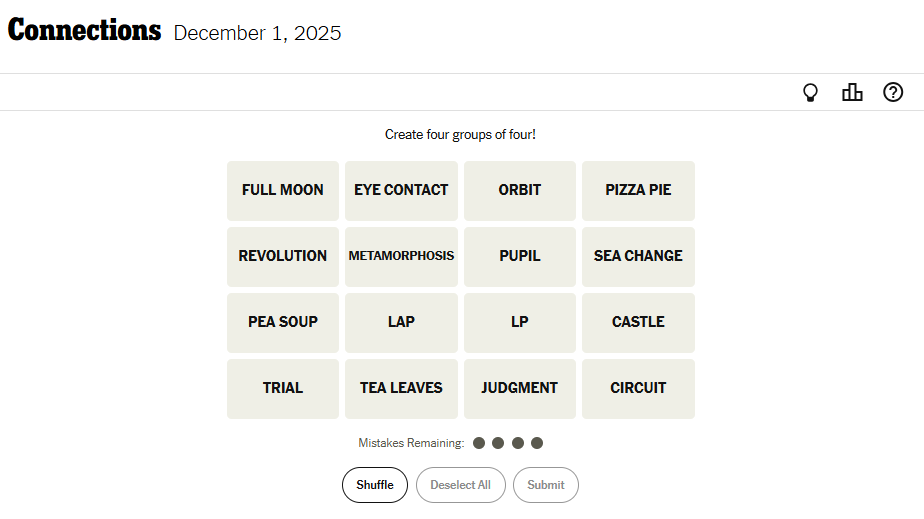 Today's NYT Connections For December 1, 2025, Word List