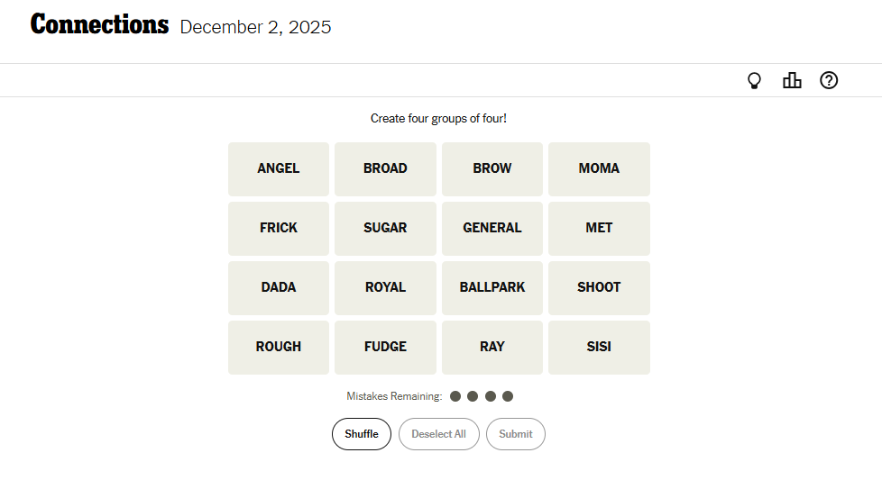 Today's NYT Connections For December 2, 2025, Word List